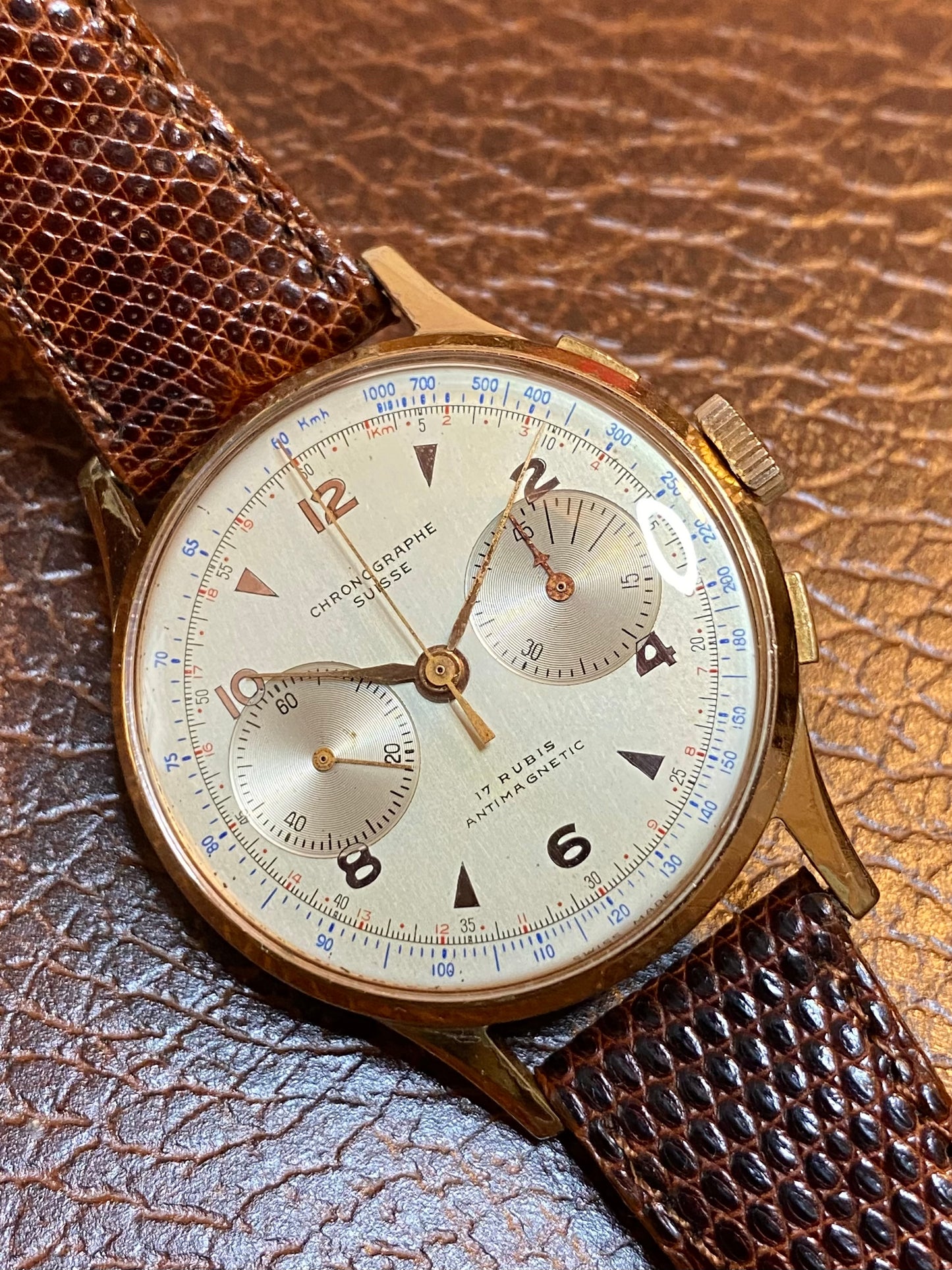 Chronographe Suisse Landeron 51 Plaqué Or Montre Vintage Mécanique Jumbo Size 1950