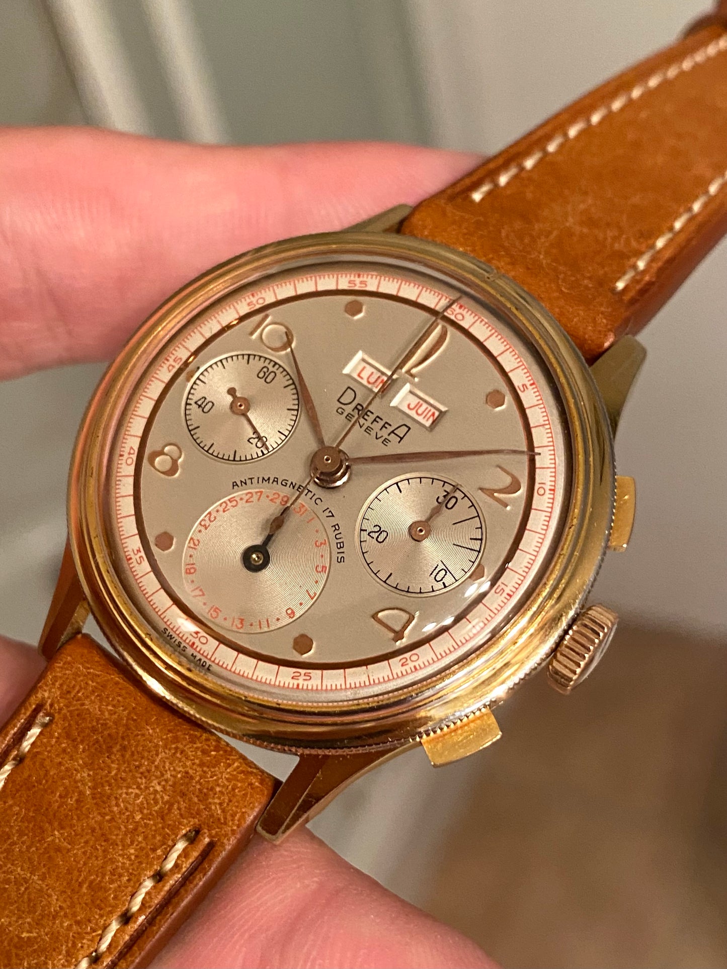 Dreffa Genève Chronographe Triple Date Calendar Landeron 59 - Lunette Tourante - Montre Vintage Plaqué Or 1950