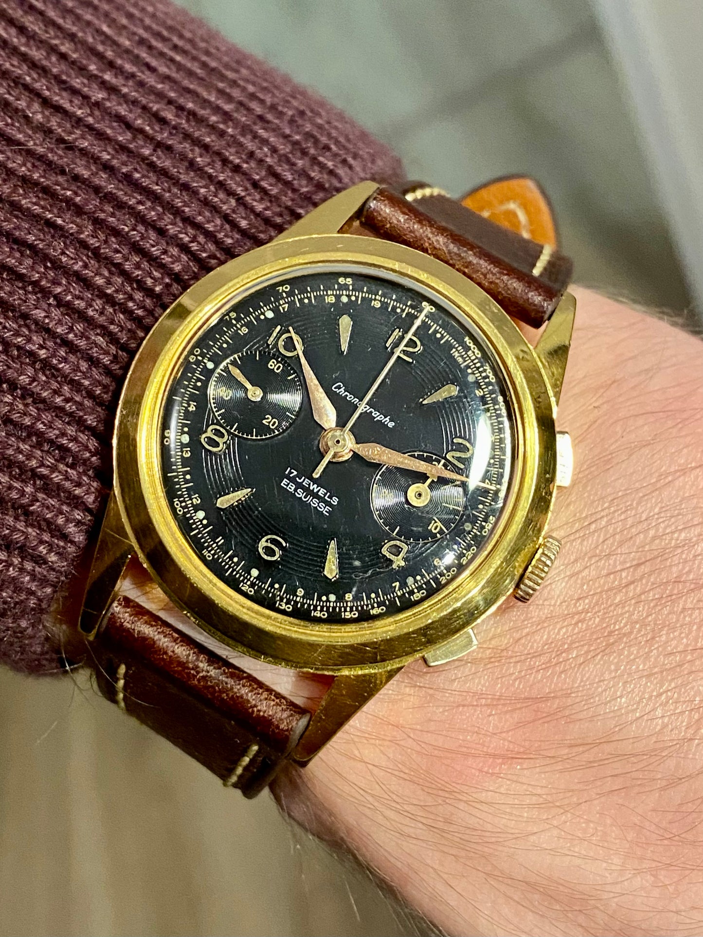 Chronographe Ébauche Suisse Landeron 50 Plaqué Or Montre Vintage Mécanique 1960