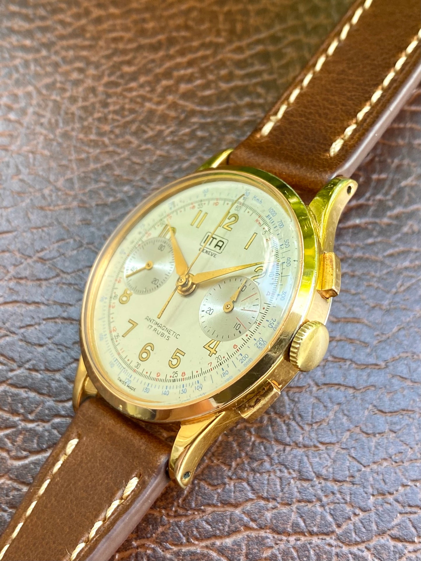 ITA Genève Chronographe Suisse Plaqué Or Montre Vintage Mécanique Landeron 51 - 1960