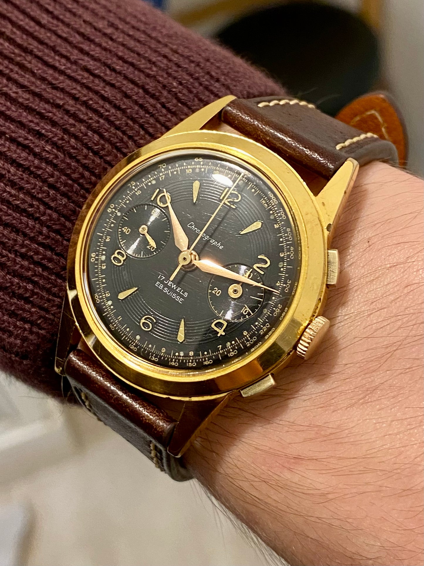 Chronographe Ébauche Suisse Landeron 50 Plaqué Or Montre Vintage Mécanique 1960