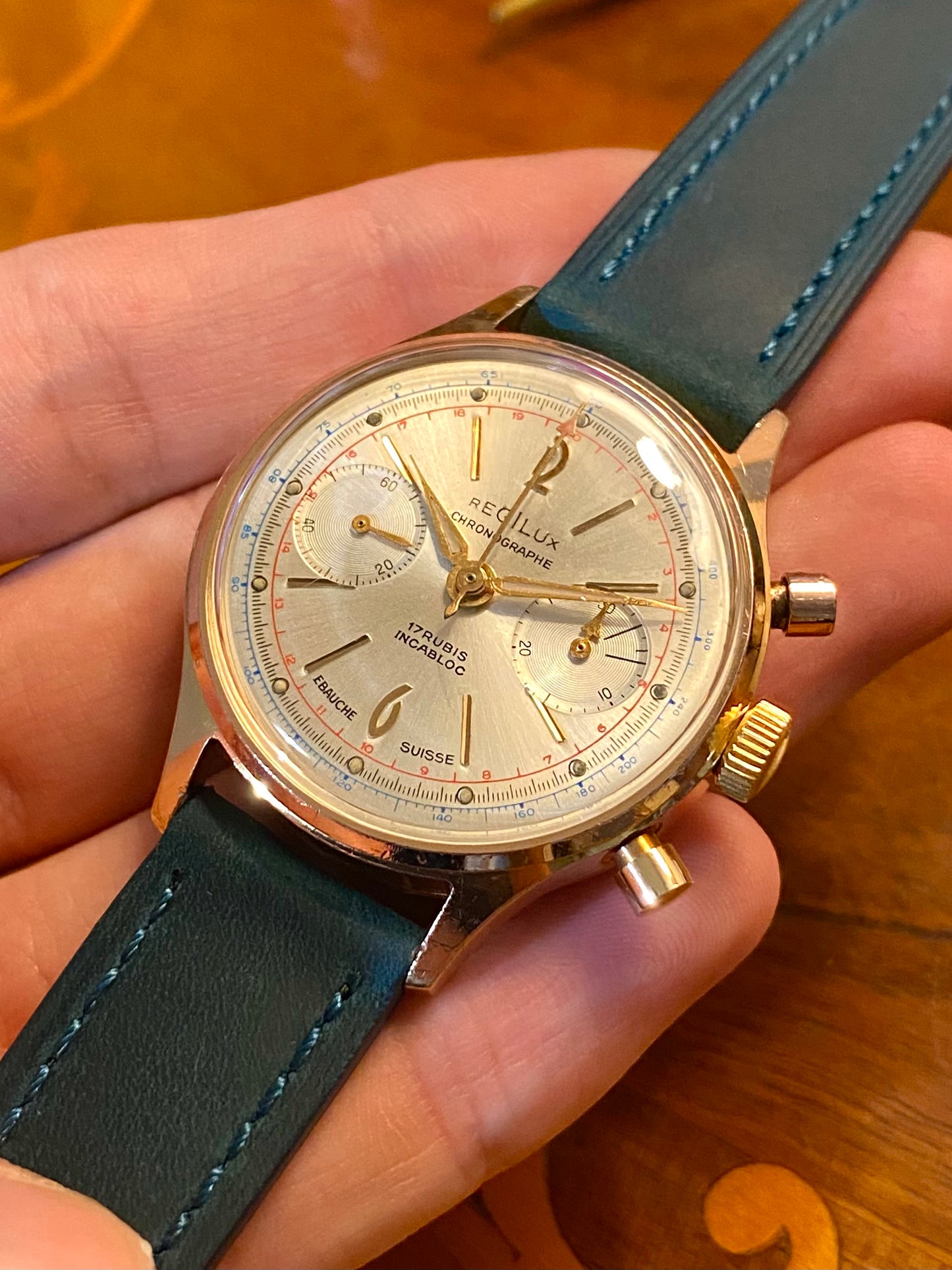 Regilux Chronographe Ébauche Suisse Montre Vintage Mécanique Landeron 248 Plaqué Or 1960