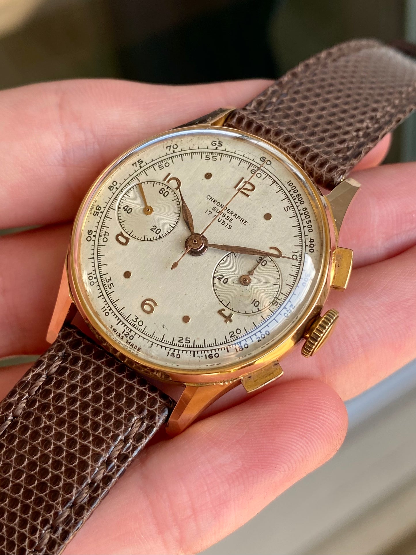 Chronographe Suisse 18k Or Rose 750/1000 Montre Vintage Mécanique Landeron 48 1950