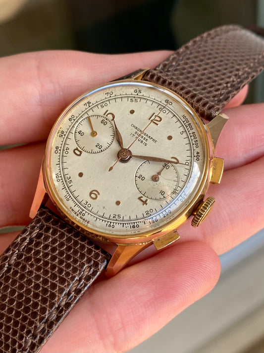 Chronographe Suisse 18k Or Rose 750/1000 Montre Vintage Mécanique Landeron 48 1950
