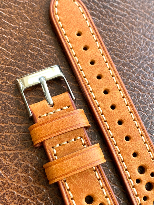 Bracelet de Montre Vintage - BRUN Rallye Sport 18mm - Cuir Véritable Ajouré