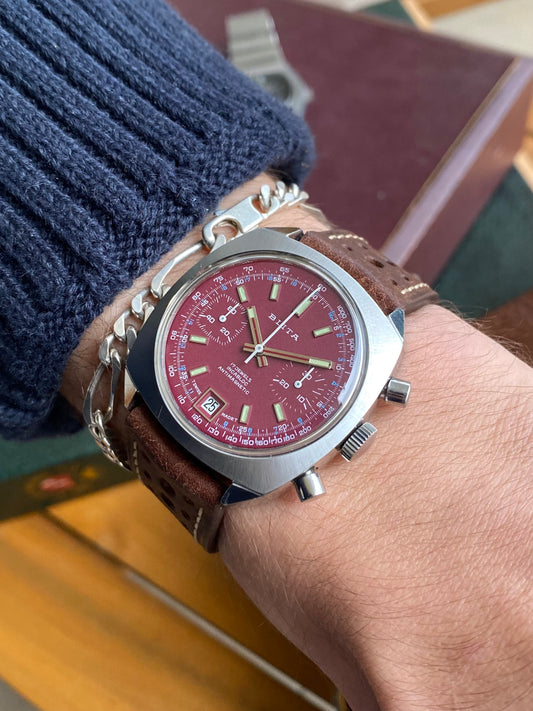 Blita Montre Vintage Chronographe Mécanique Valjoux 7734 - Cadran Bordeaux Sport Rallye 1970