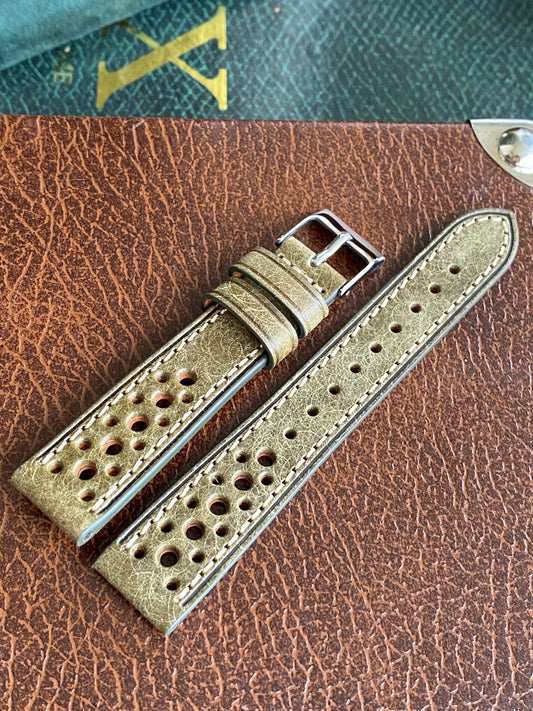Bracelet de Montre Vintage - VERT Rallye Sport 18mm - Cuir Véritable Ajouré