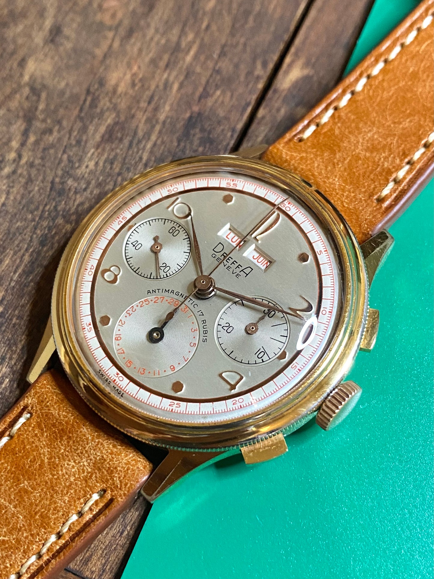 Dreffa Genève Chronographe Triple Date Calendar Landeron 59 - Lunette Tourante - Montre Vintage Plaqué Or 1950
