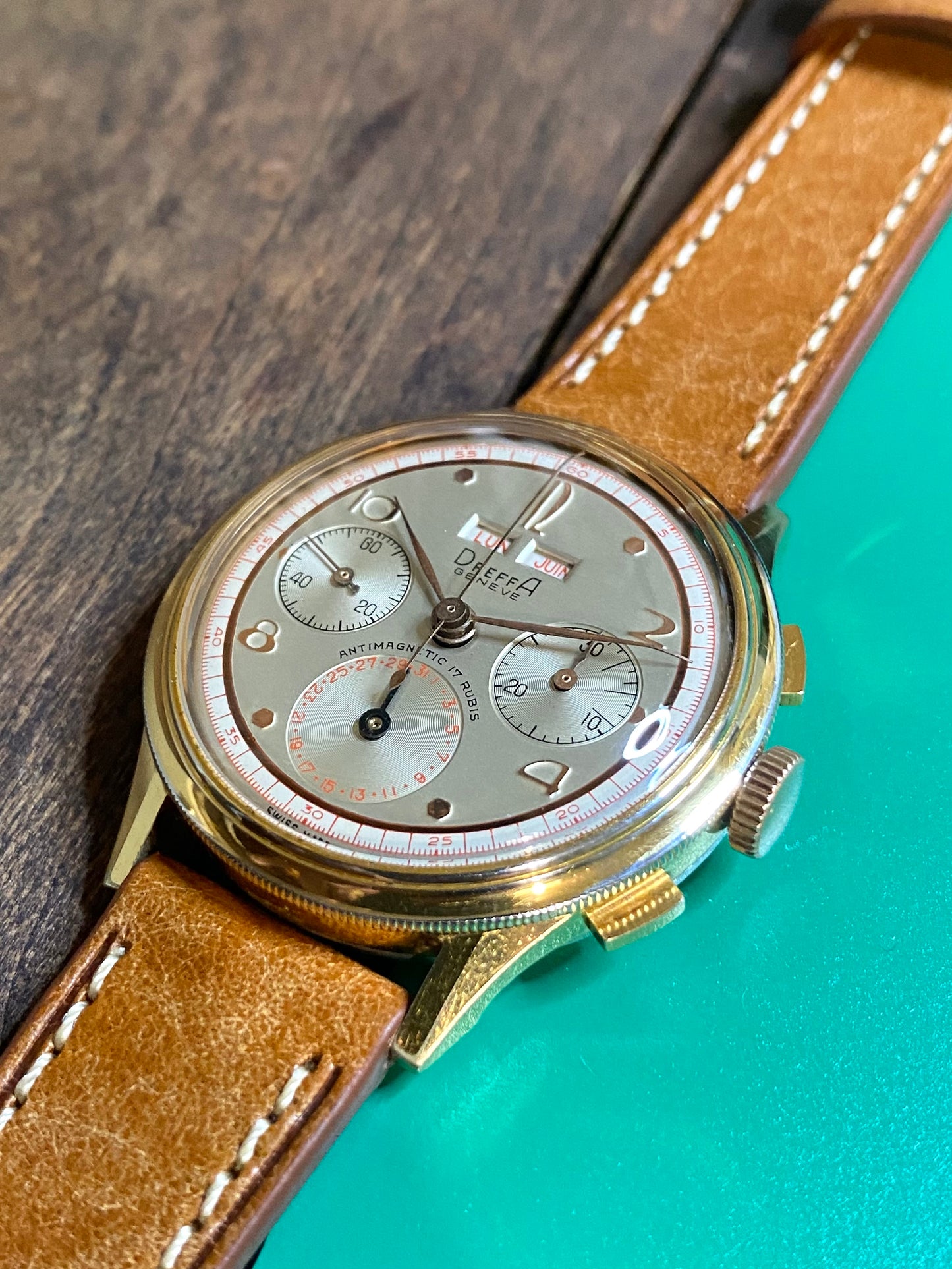 Dreffa Genève Chronographe Triple Date Calendar Landeron 59 - Lunette Tourante - Montre Vintage Plaqué Or 1950