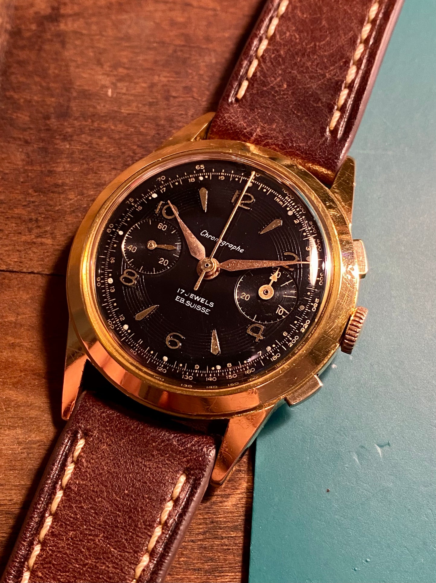 Chronographe Ébauche Suisse Landeron 50 Plaqué Or Montre Vintage Mécanique 1960