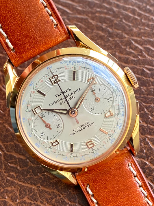Florus Chronographe Suisse Landeron 51 Boîtier Plaqué Or Cornes de Vache - Montre Vintage Mécanique 1950