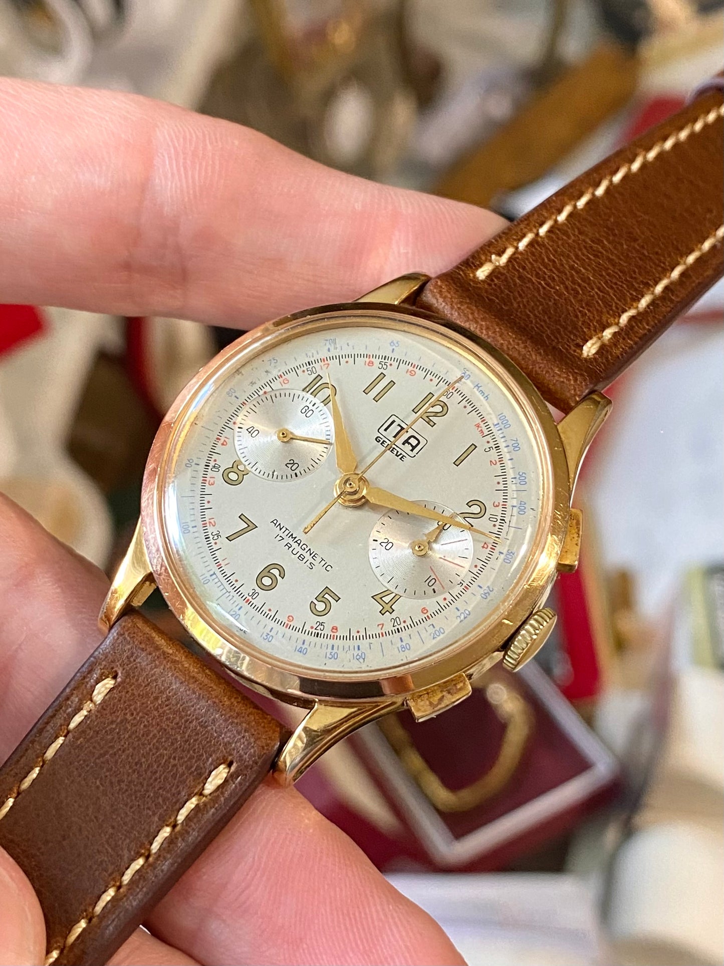 ITA Genève Chronographe Suisse Plaqué Or Montre Vintage Mécanique Landeron 51 - 1960