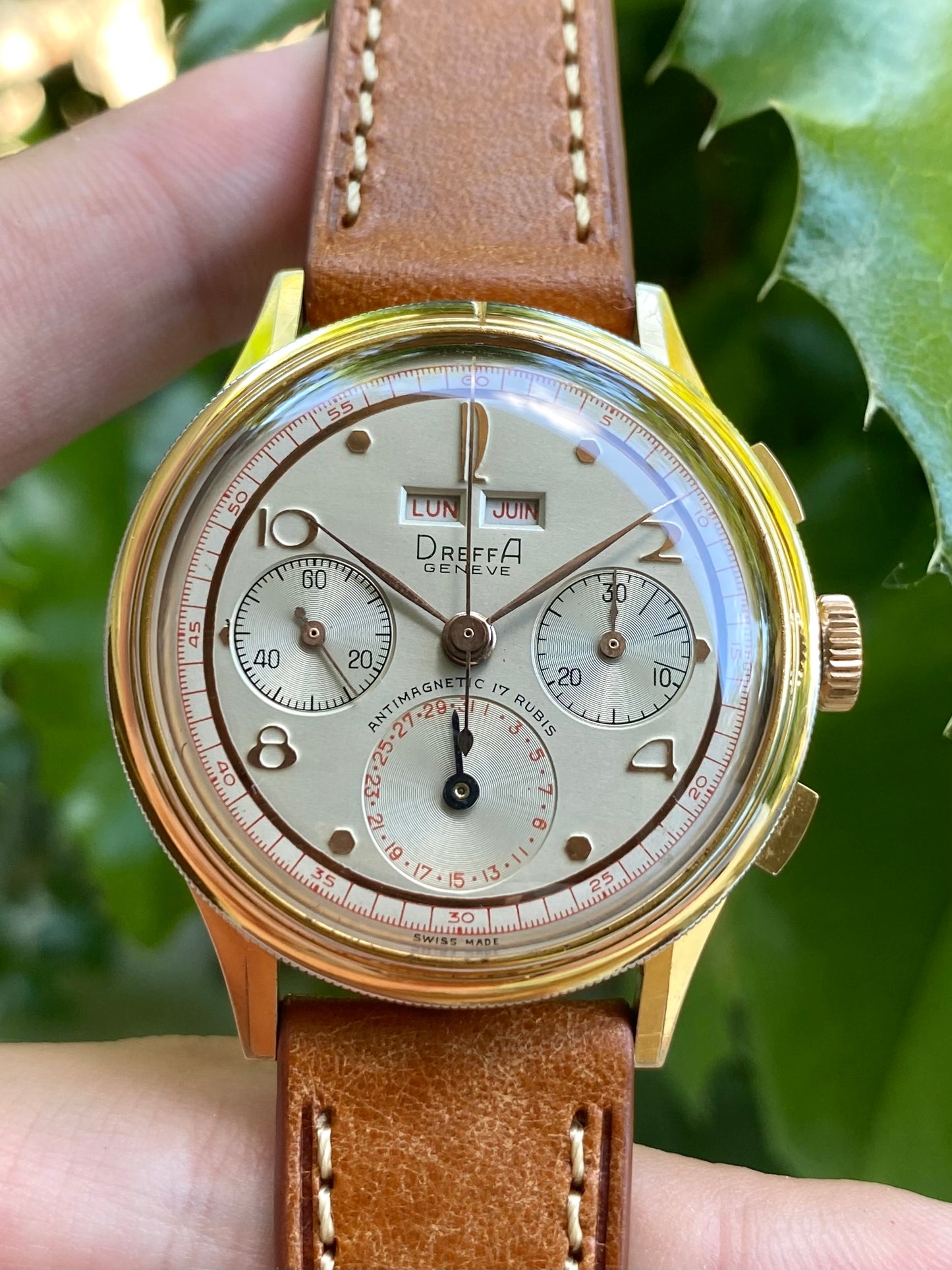 Dreffa Genève Chronographe Triple Date Calendar Landeron 59 - Lunette Tourante - Montre Vintage Plaqué Or 1950