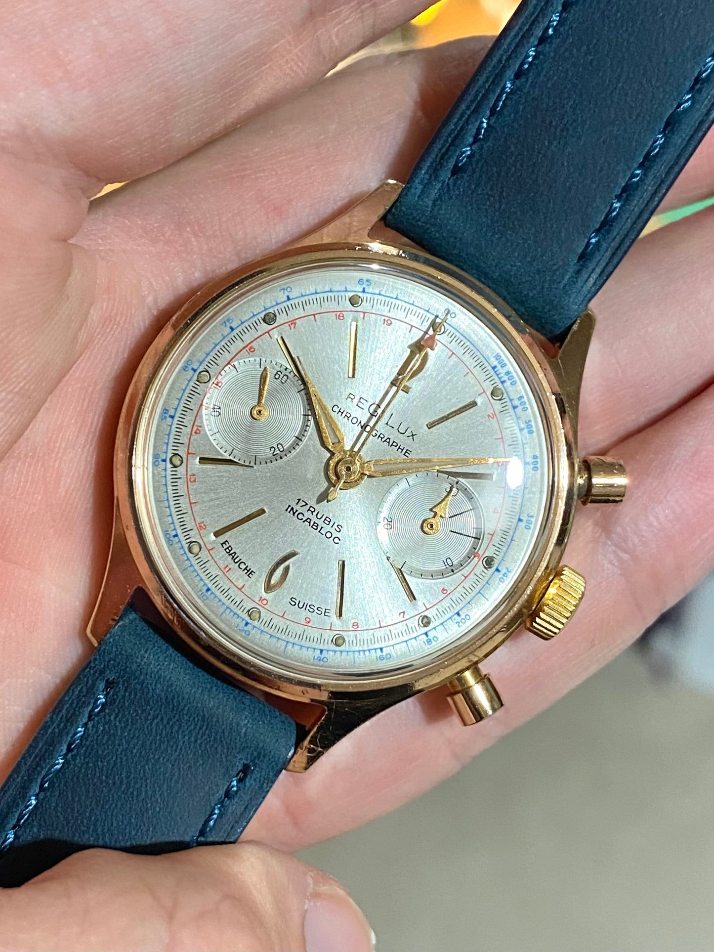 Regilux Chronographe Ébauche Suisse Montre Vintage Mécanique Landeron 248 Plaqué Or 1960