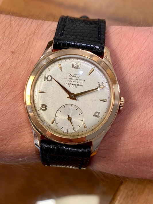 Tissot 18K Or Rose "La Gerbe D’Or" Double Signed Montre Vintage Mécanique 1950