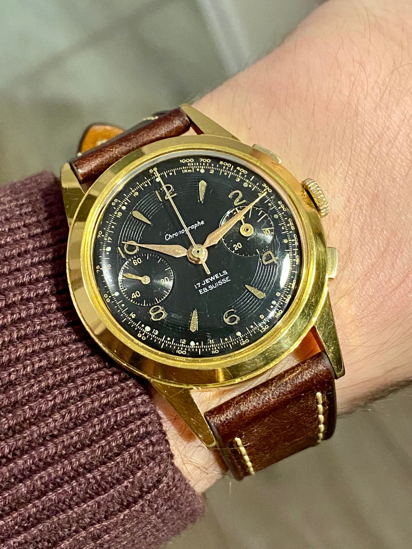 Chronographe Ébauche Suisse Landeron 50 Plaqué Or Montre Vintage Mécanique 1960