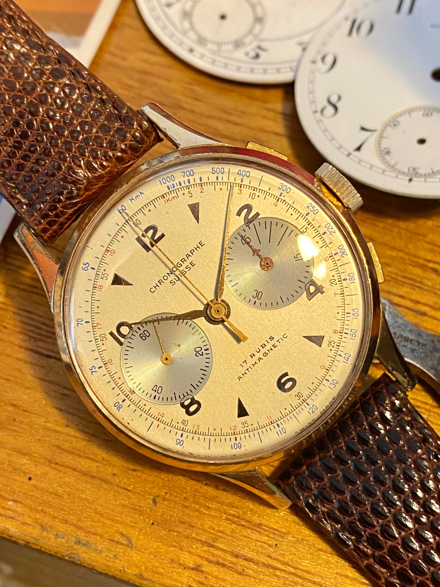 Chronographe Suisse Landeron 51 Plaqué Or Montre Vintage Mécanique Jumbo Size 1950