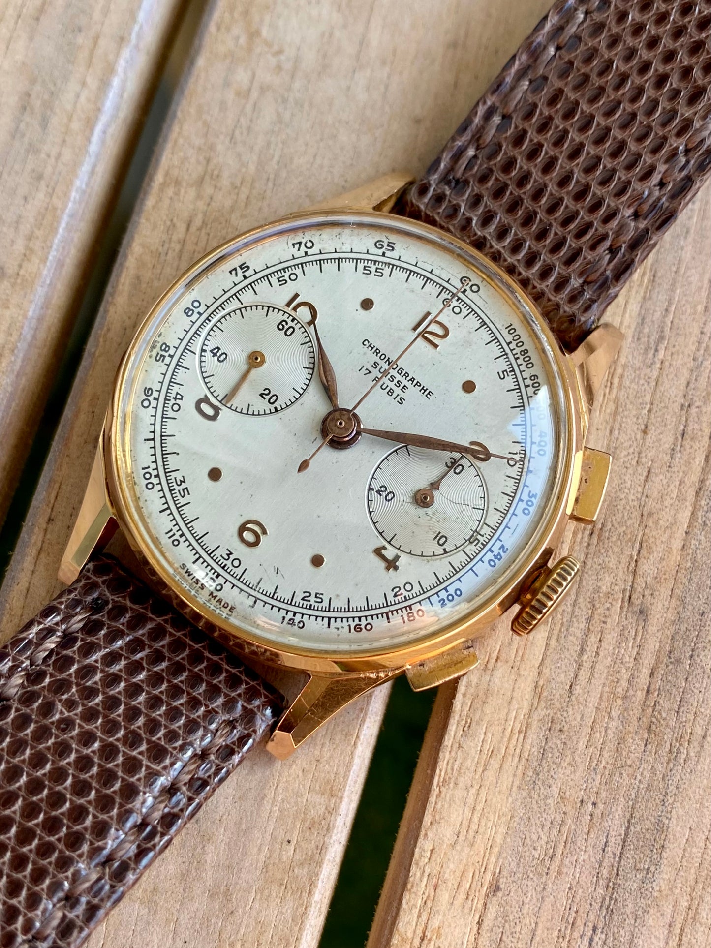 Chronographe Suisse 18k Or Rose 750/1000 Montre Vintage Mécanique Landeron 48 1950