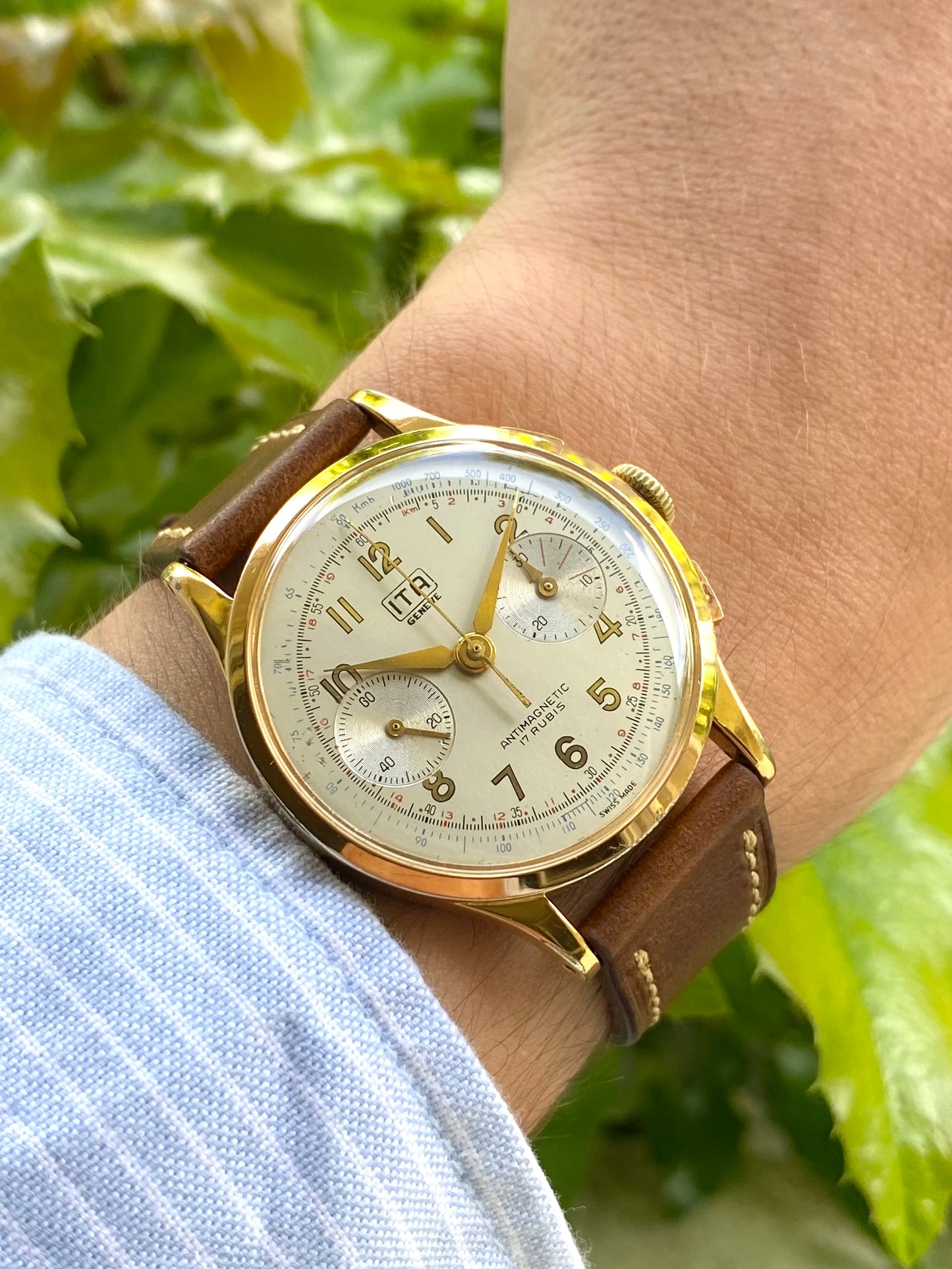 ITA Genève Chronographe Suisse Plaqué Or Montre Vintage Mécanique Landeron 51 - 1960
