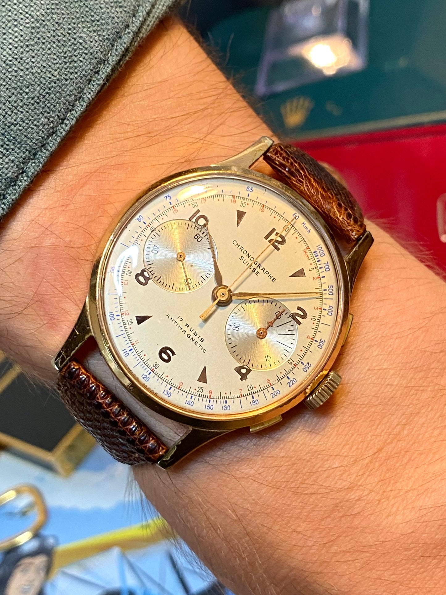 Chronographe Suisse Landeron 51 Plaqué Or Montre Vintage Mécanique Jumbo Size 1950