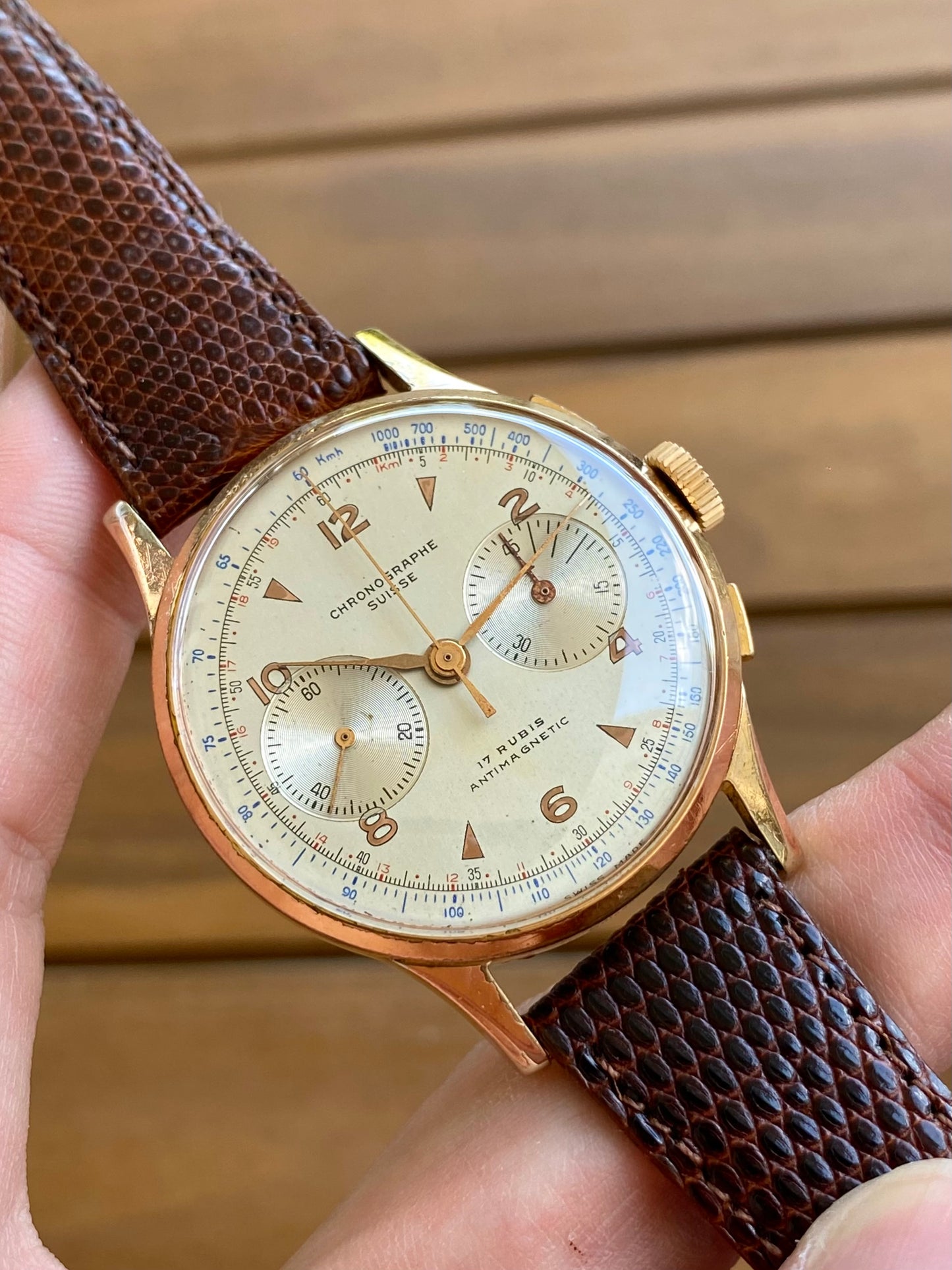 Chronographe Suisse Landeron 51 Plaqué Or Montre Vintage Mécanique Jumbo Size 1950