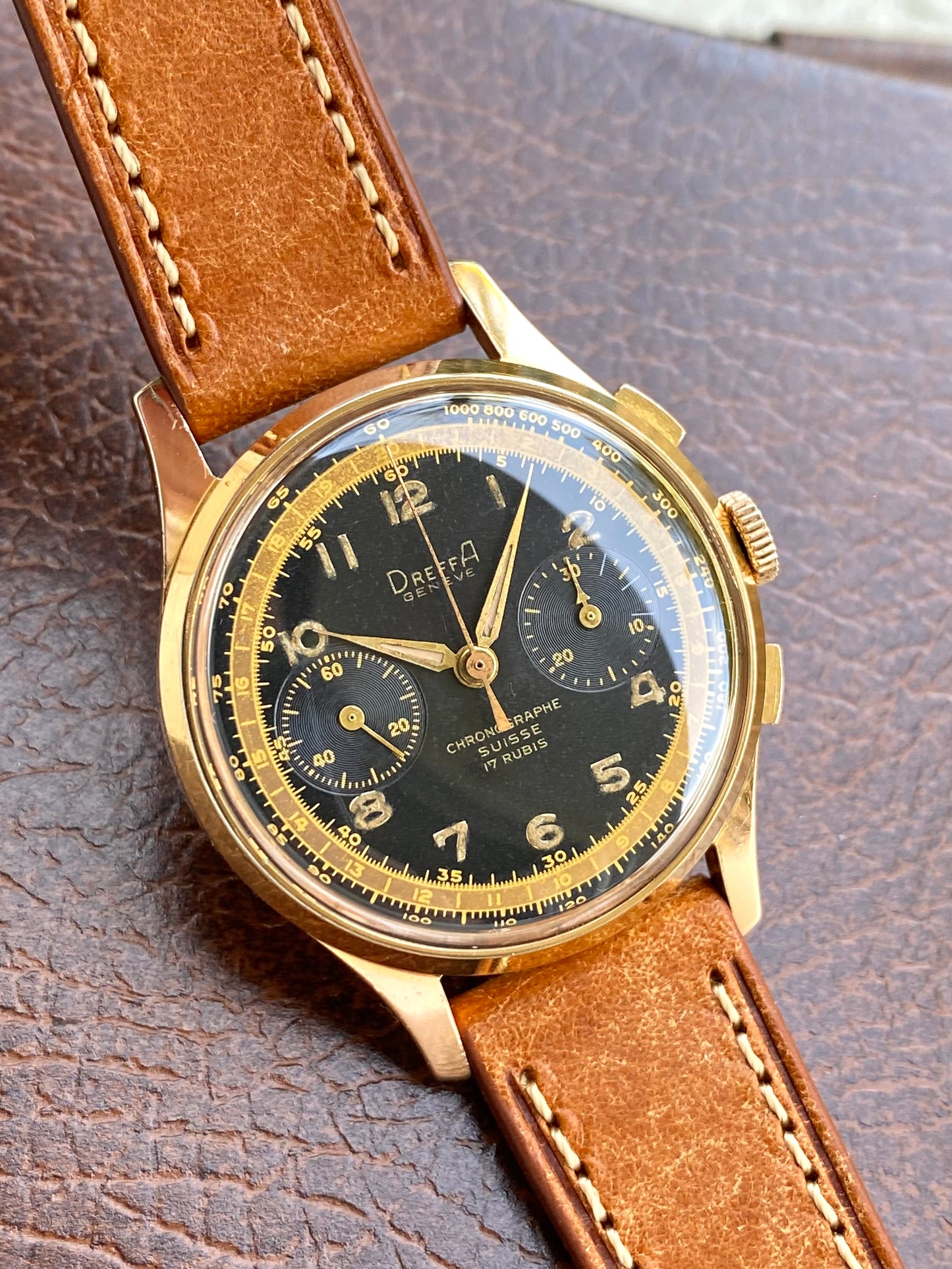 Dreffa Genève Chronographe Suisse Landeron 151 Plaqué Or Montre Vintage Mécanique 1950