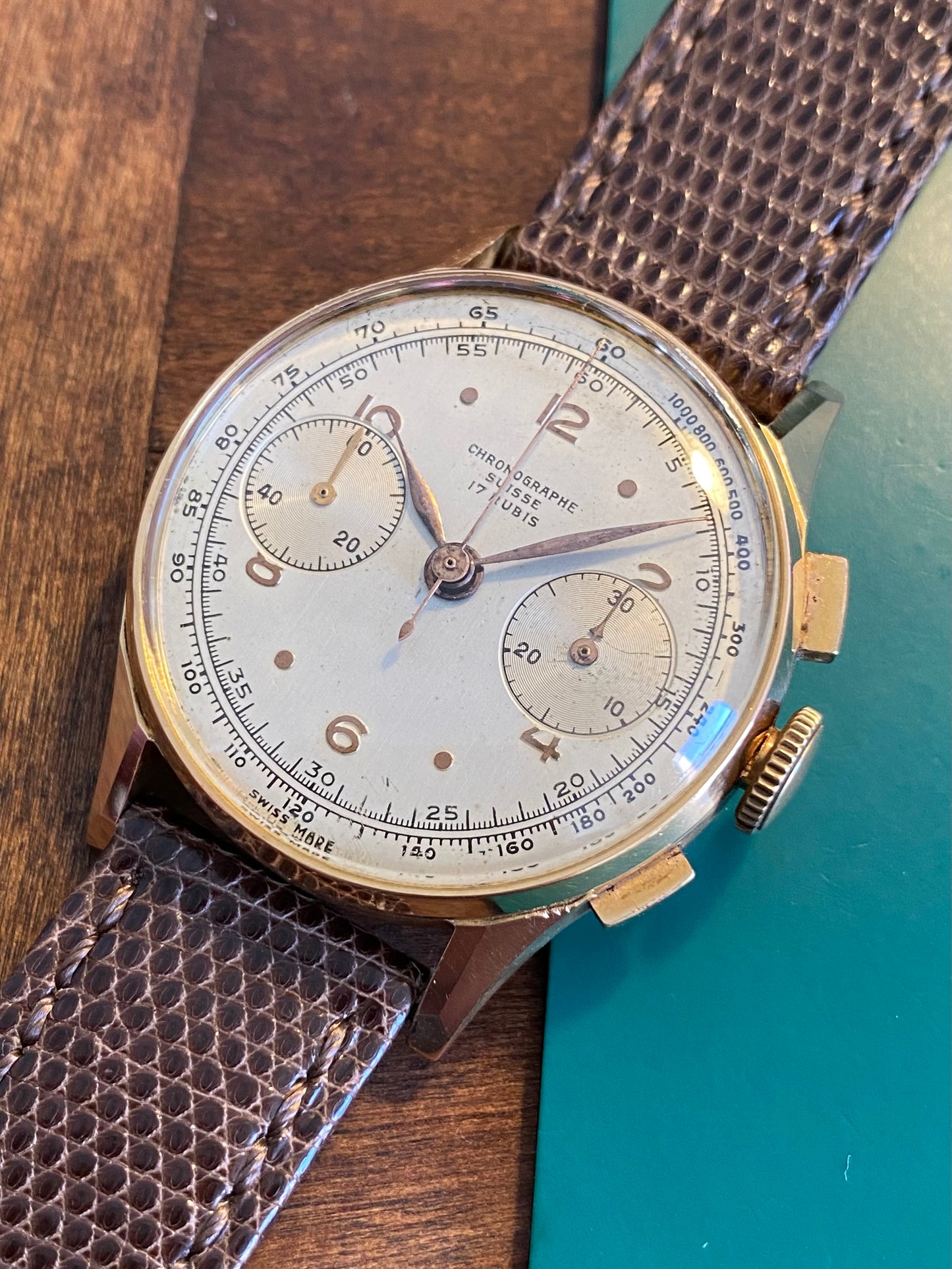 Chronographe Suisse 18k Or Rose 750/1000 Montre Vintage Mécanique Landeron 48 1950