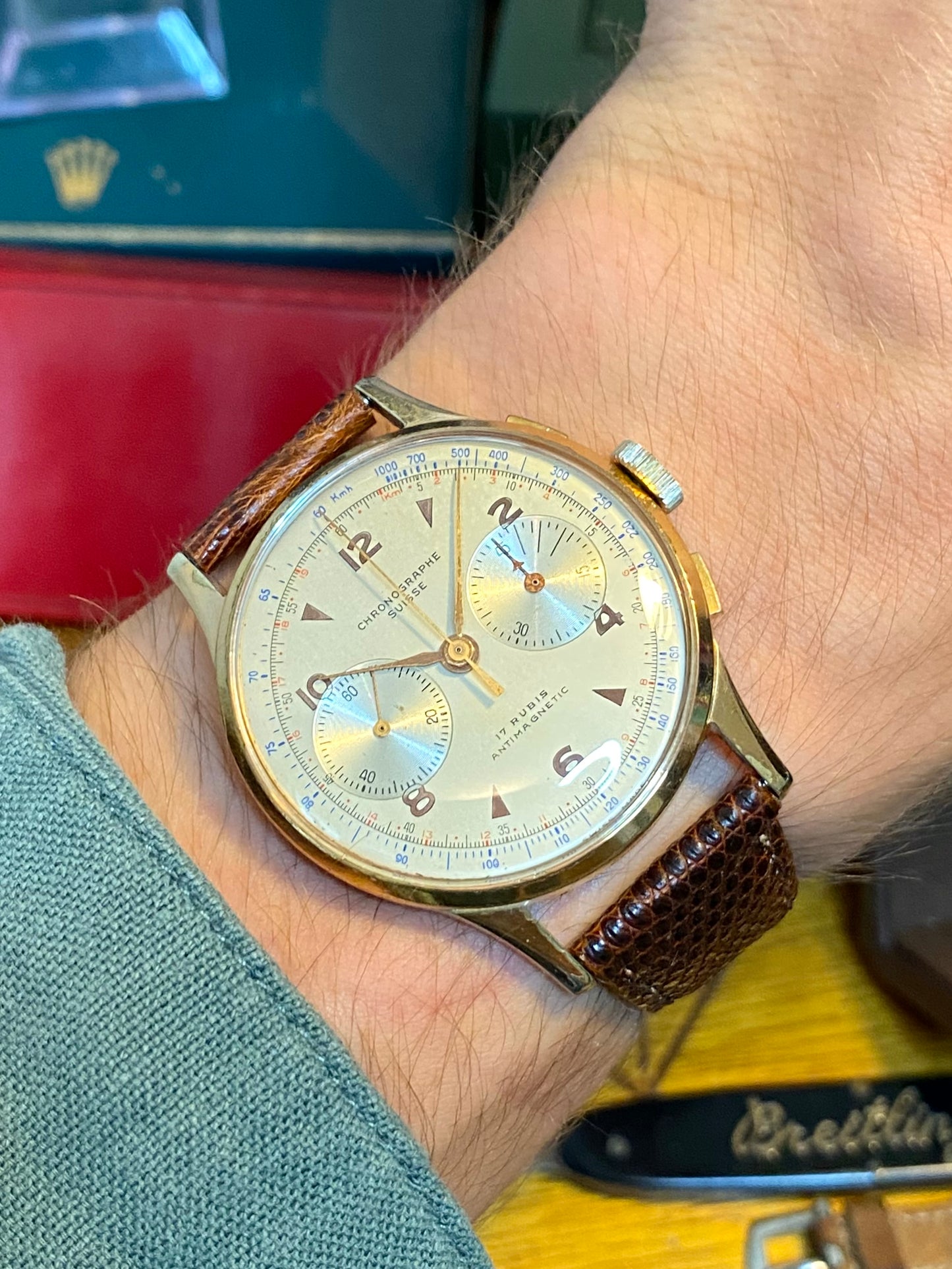 Chronographe Suisse Landeron 51 Plaqué Or Montre Vintage Mécanique Jumbo Size 1950
