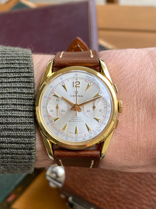 Orfina Montre Chronographe Suisse Landeron 248 Plaqué Or Vintage Mécanique 1960