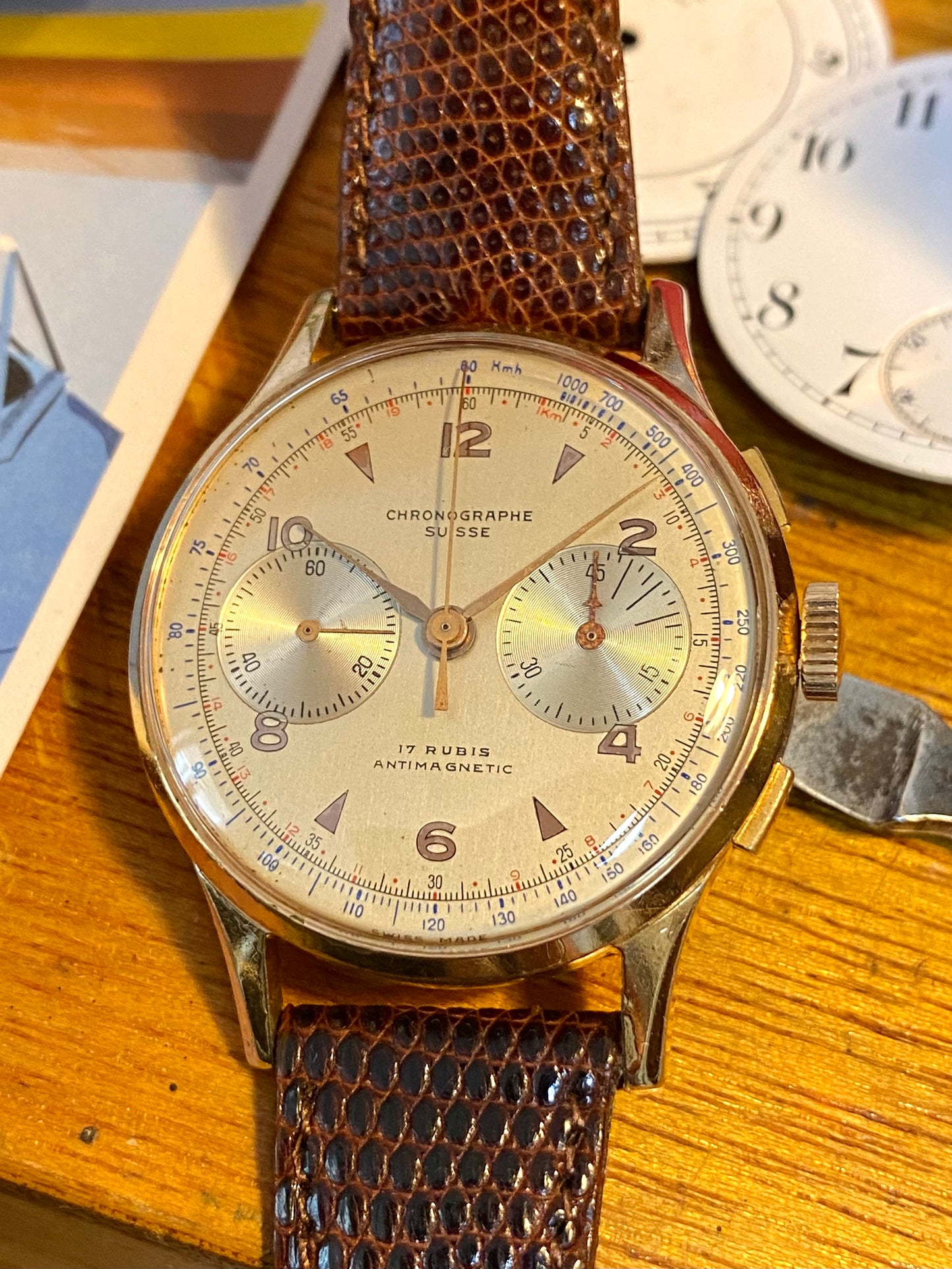 Chronographe Suisse Landeron 51 Plaqué Or Montre Vintage Mécanique Jumbo Size 1950