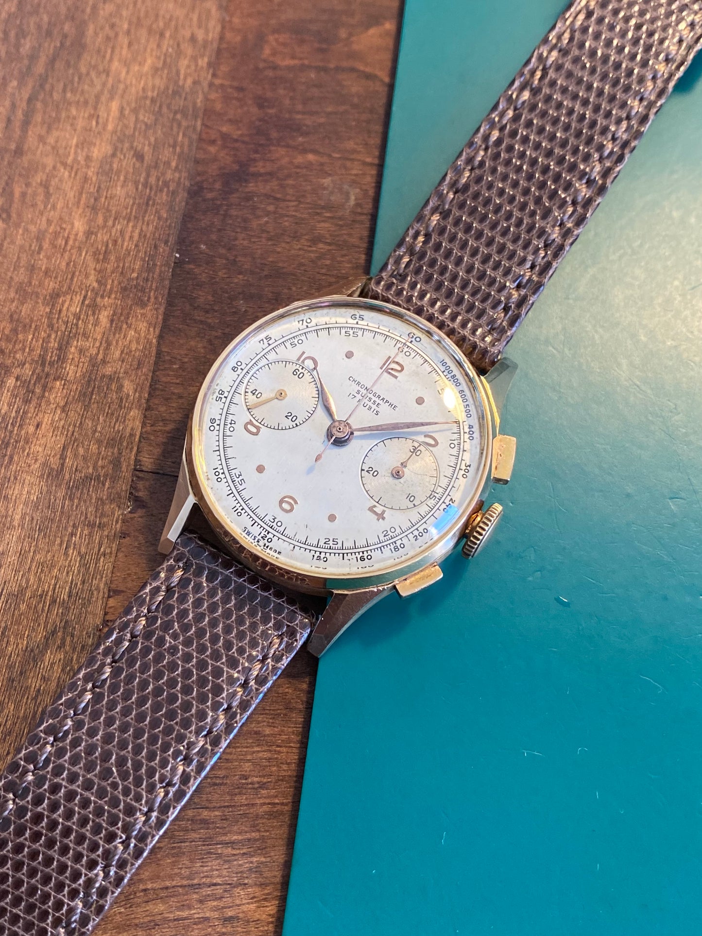Chronographe Suisse 18k Or Rose 750/1000 Montre Vintage Mécanique Landeron 48 1950