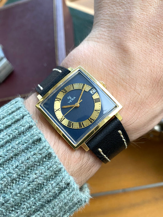 Yema Montre Vintage Mécanique Plaqué Or Cadran Bleu Marine 1960