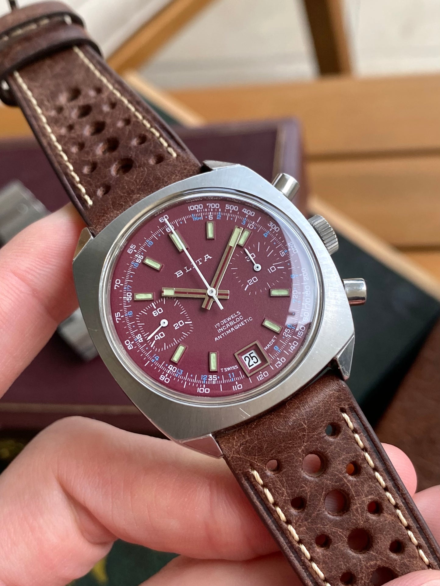 Blita Montre Vintage Chronographe Mécanique Valjoux 7734 - Cadran Bordeaux Sport Rallye 1970