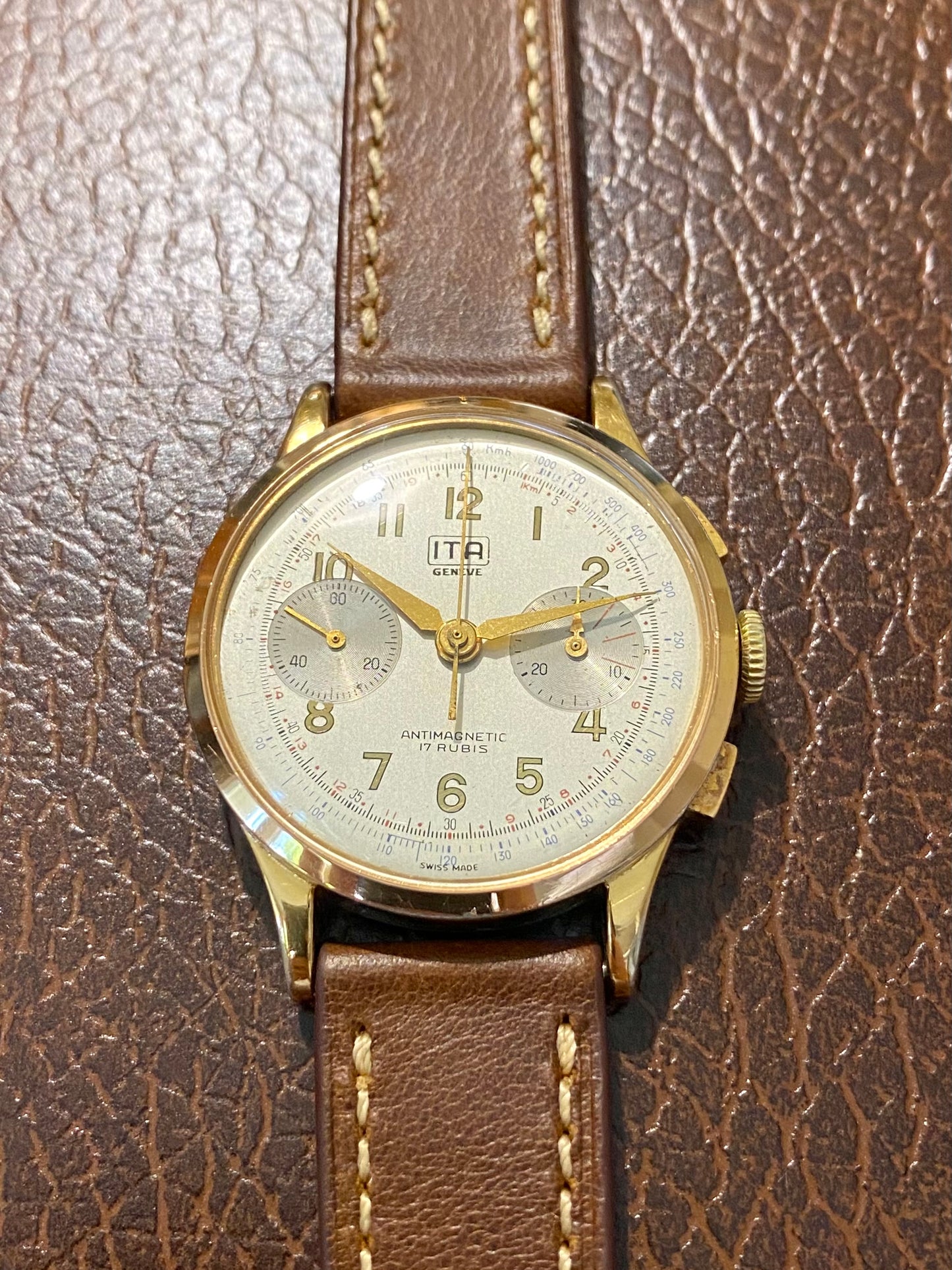 ITA Genève Chronographe Suisse Plaqué Or Montre Vintage Mécanique Landeron 51 - 1960