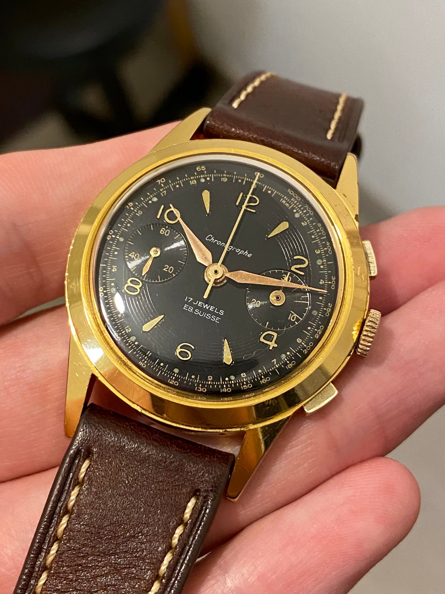 Chronographe Ébauche Suisse Landeron 50 Plaqué Or Montre Vintage Mécanique 1960