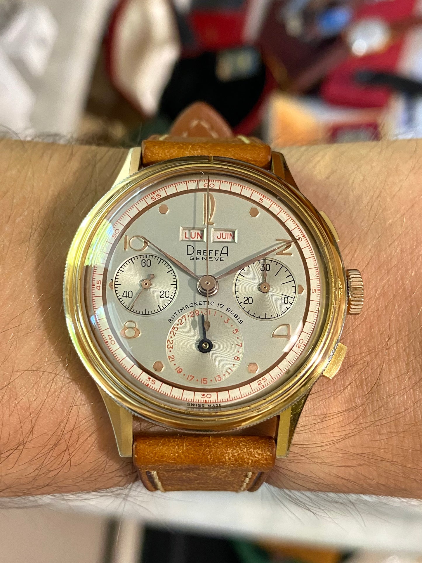 Dreffa Genève Chronographe Triple Date Calendar Landeron 59 - Lunette Tourante - Montre Vintage Plaqué Or 1950