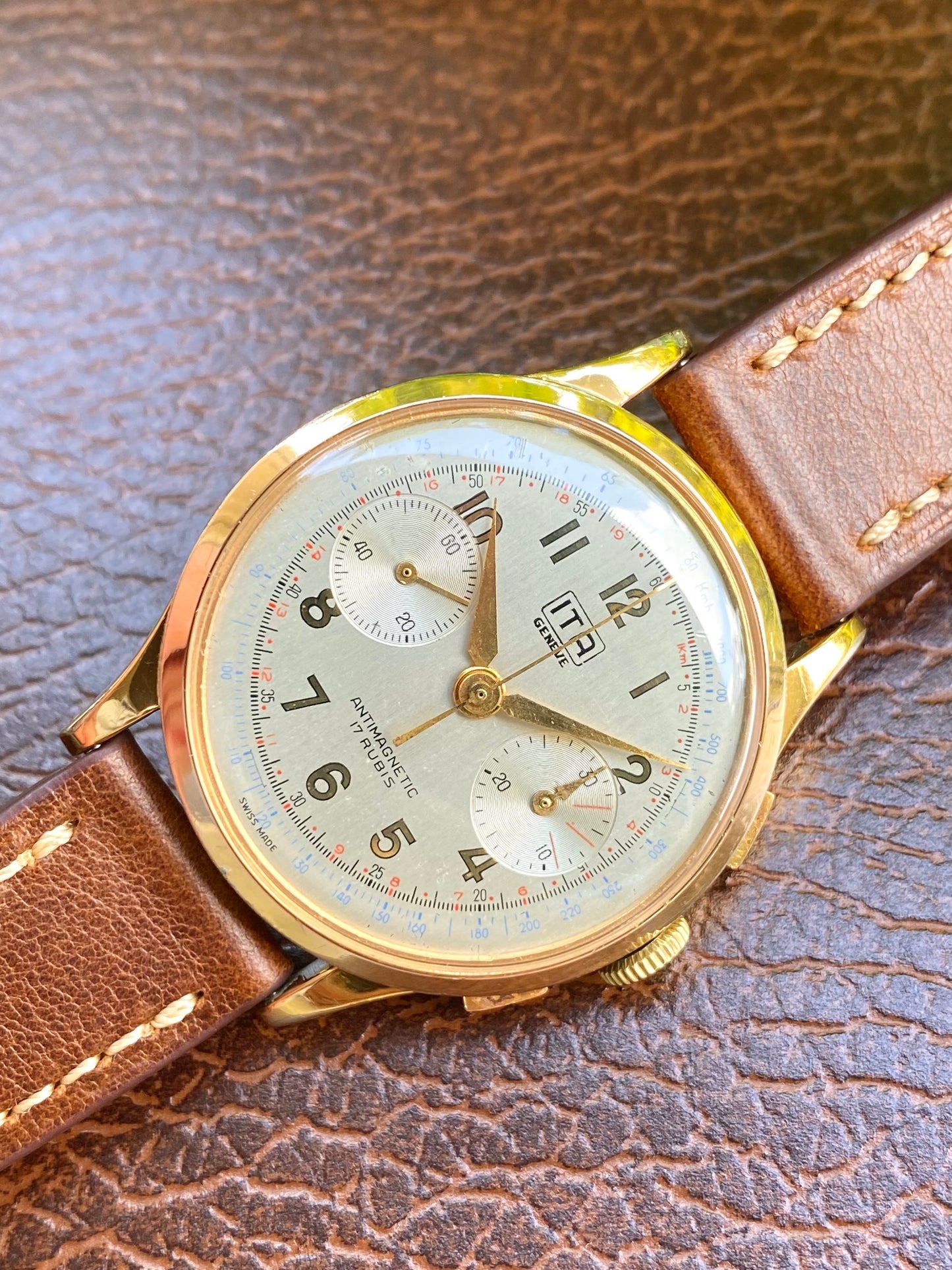 ITA Genève Chronographe Suisse Plaqué Or Montre Vintage Mécanique Landeron 51 - 1960