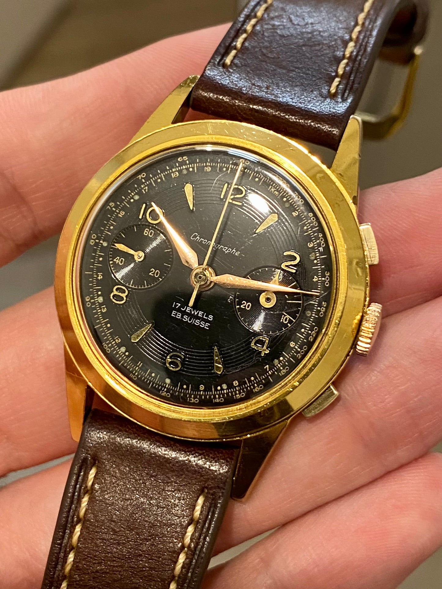 Chronographe Ébauche Suisse Landeron 50 Plaqué Or Montre Vintage Mécanique 1960