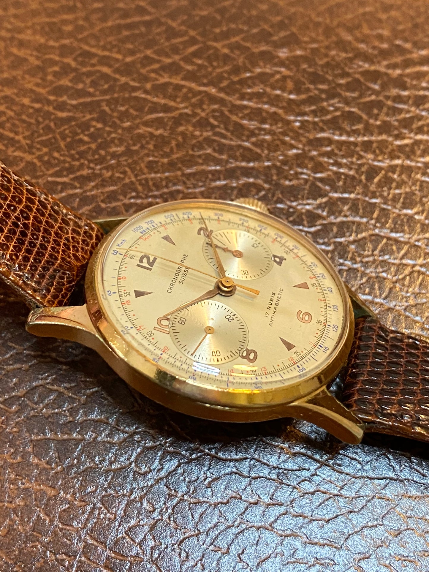 Chronographe Suisse Landeron 51 Plaqué Or Montre Vintage Mécanique Jumbo Size 1950