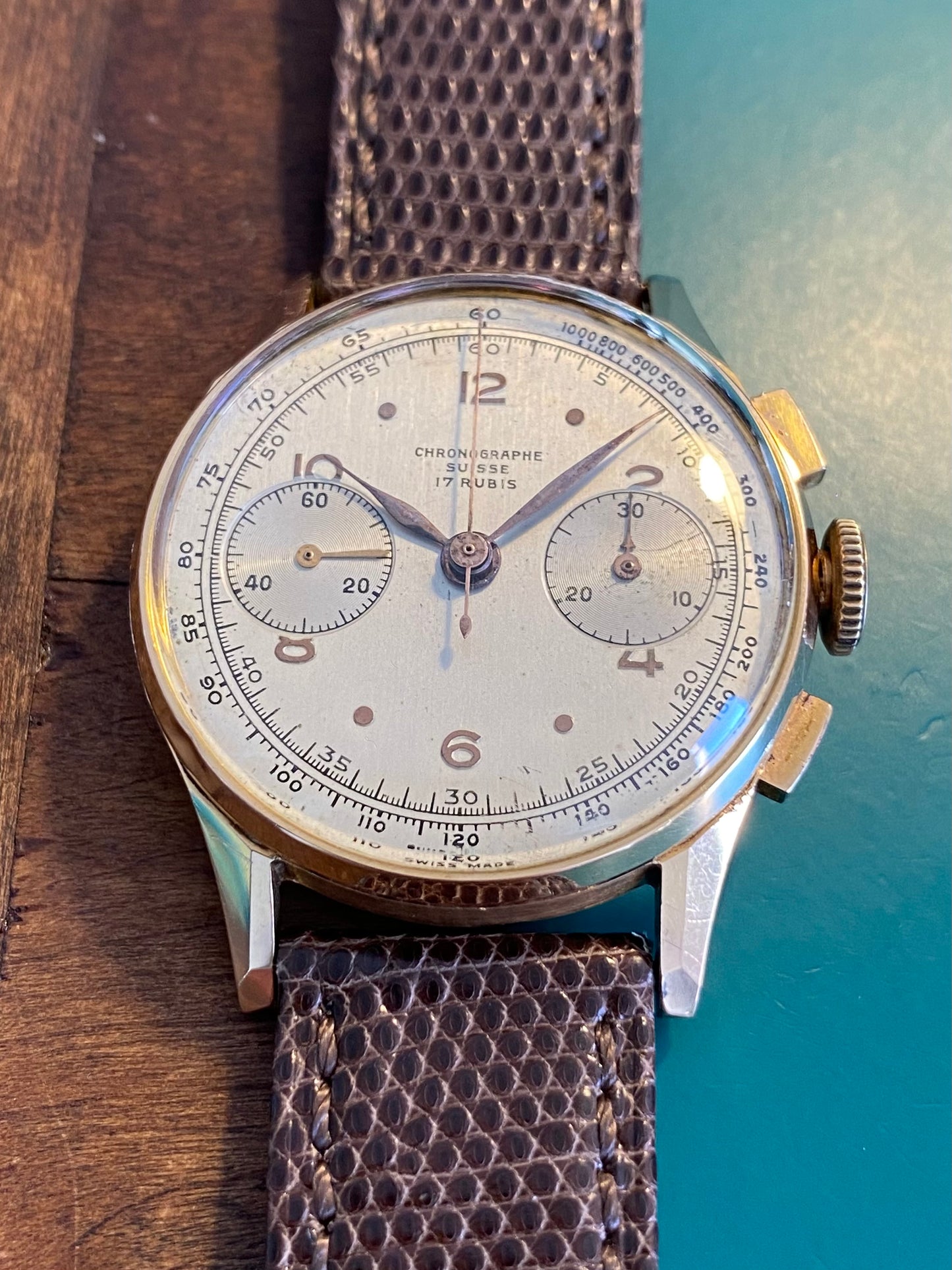 Chronographe Suisse 18k Or Rose 750/1000 Montre Vintage Mécanique Landeron 48 1950