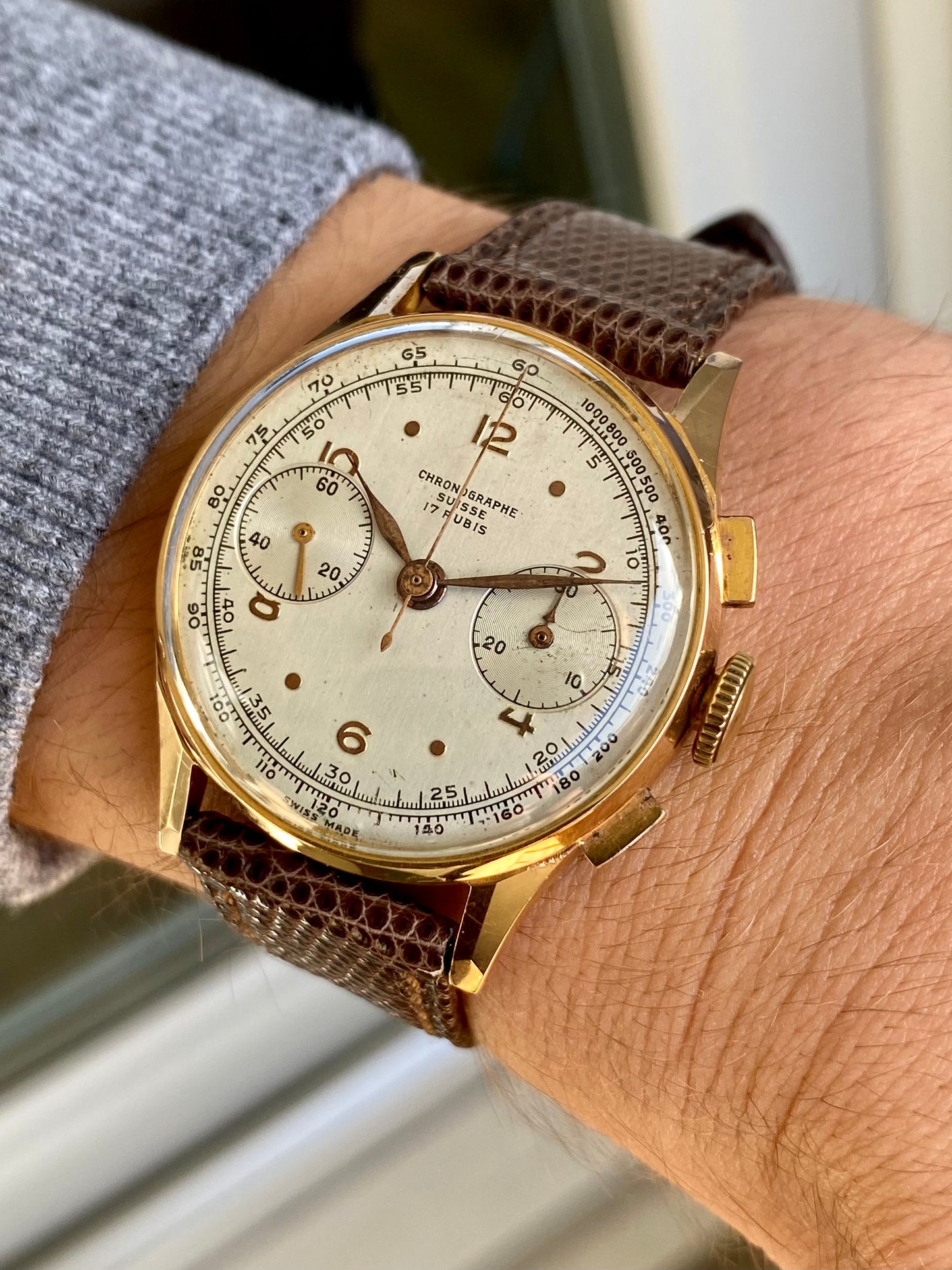 Chronographe Suisse 18k Or Rose 750/1000 Montre Vintage Mécanique Landeron 48 1950