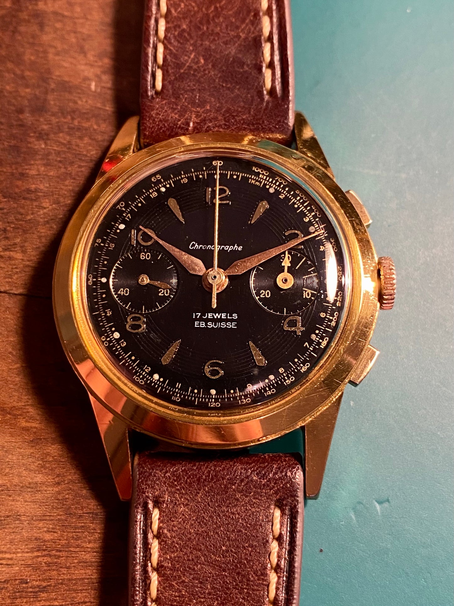 Chronographe Ébauche Suisse Landeron 50 Plaqué Or Montre Vintage Mécanique 1960