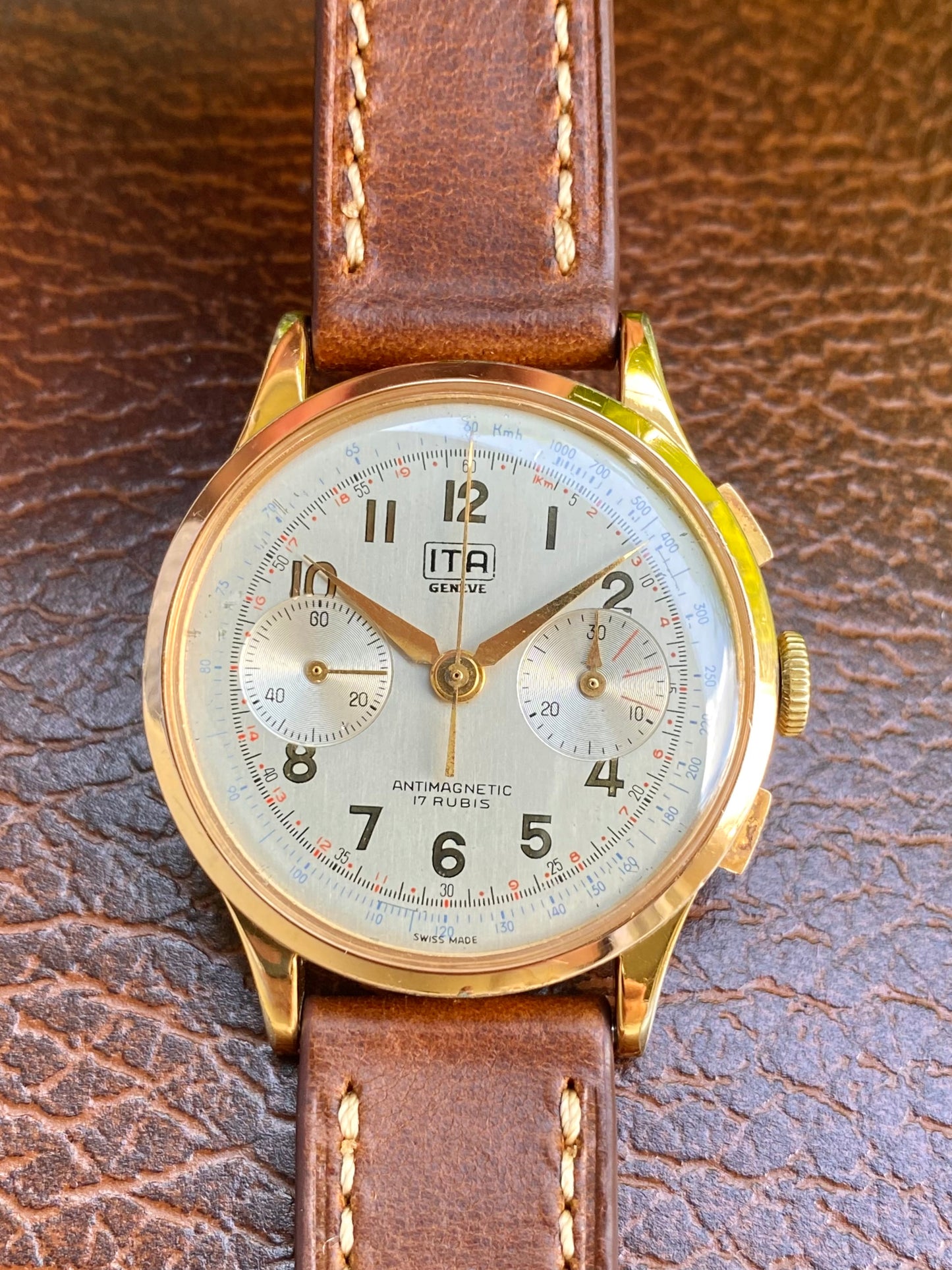 ITA Genève Chronographe Suisse Plaqué Or Montre Vintage Mécanique Landeron 51 - 1960