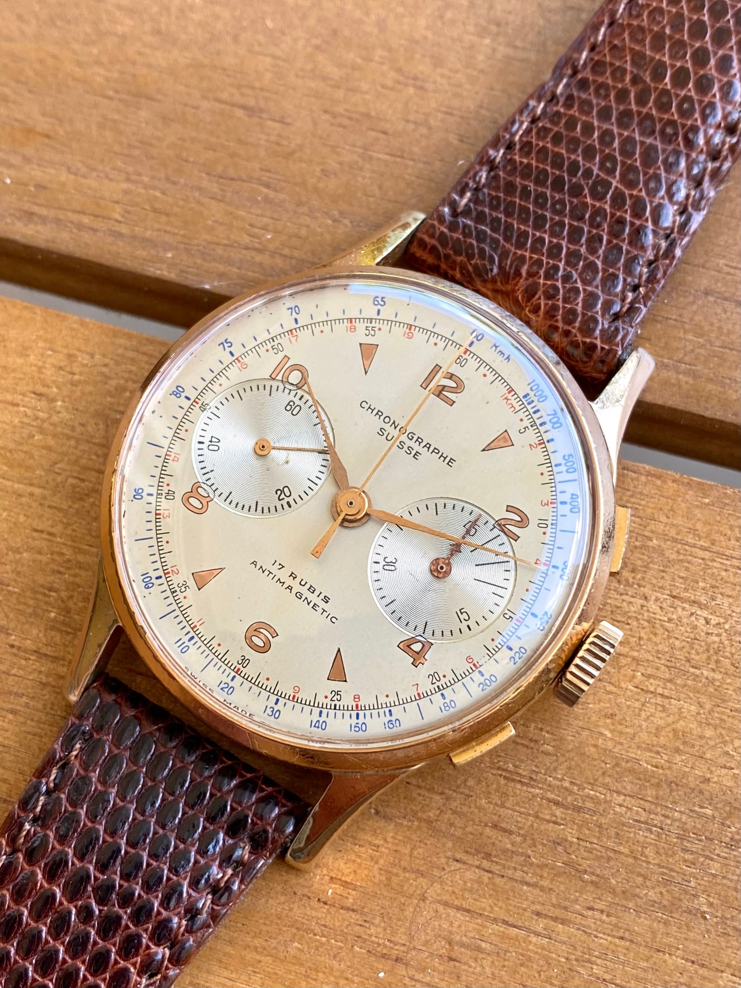 Chronographe Suisse Landeron 51 Plaqué Or Montre Vintage Mécanique Jumbo Size 1950