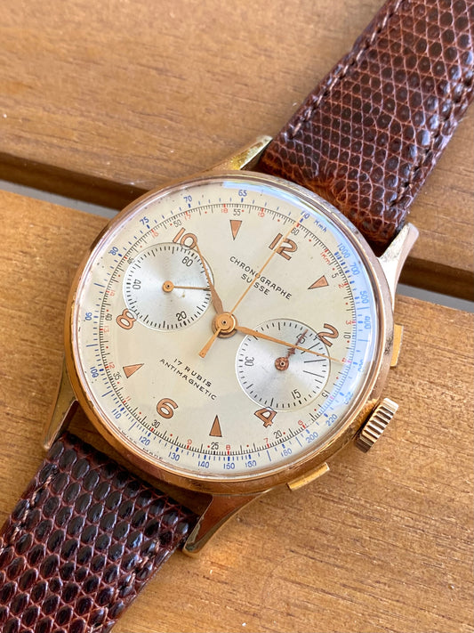 Chronographe Suisse Landeron 51 Plaqué Or Montre Vintage Mécanique Jumbo Size 1950