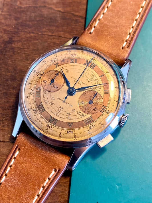 Chronographe Suisse Montre Vintage Mécanique Landeron 48 Cadran Cuivré 1940