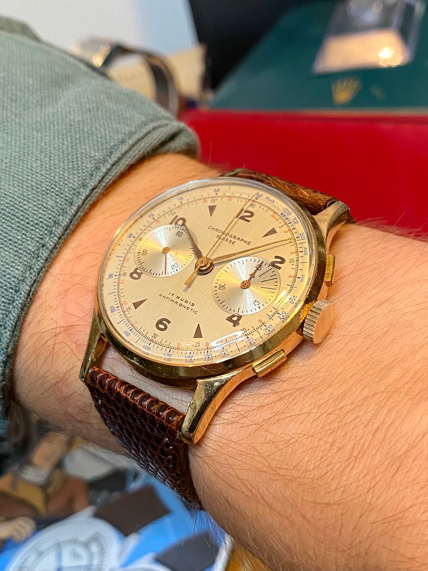 Chronographe Suisse Landeron 51 Plaqué Or Montre Vintage Mécanique Jumbo Size 1950
