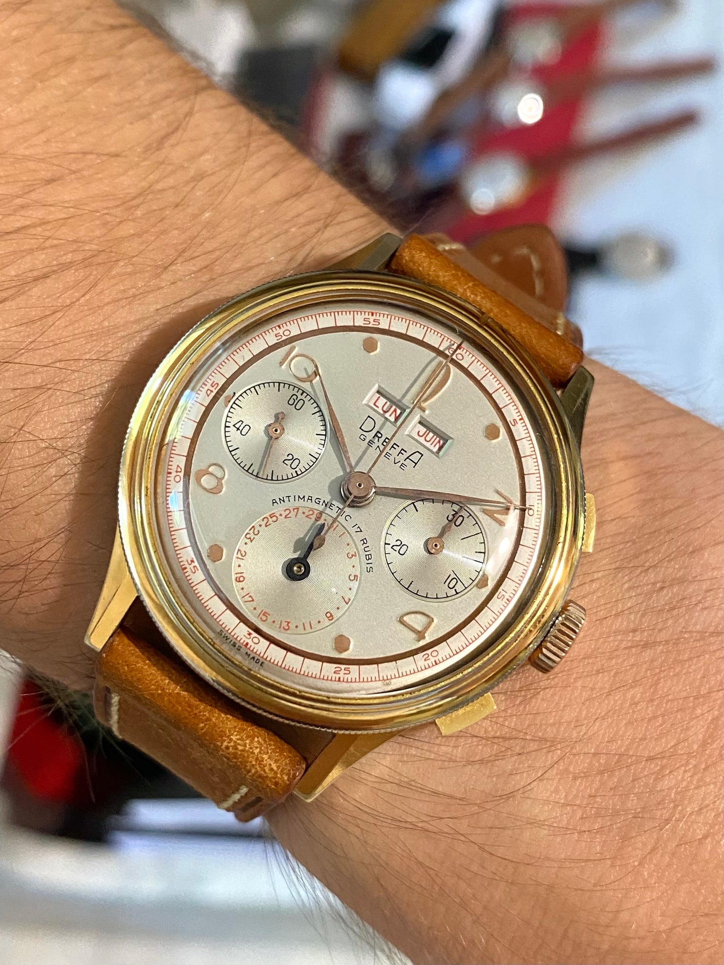 Dreffa Genève Chronographe Triple Date Calendar Landeron 59 - Lunette Tournante - Montre Vintage Plaqué Or 1950