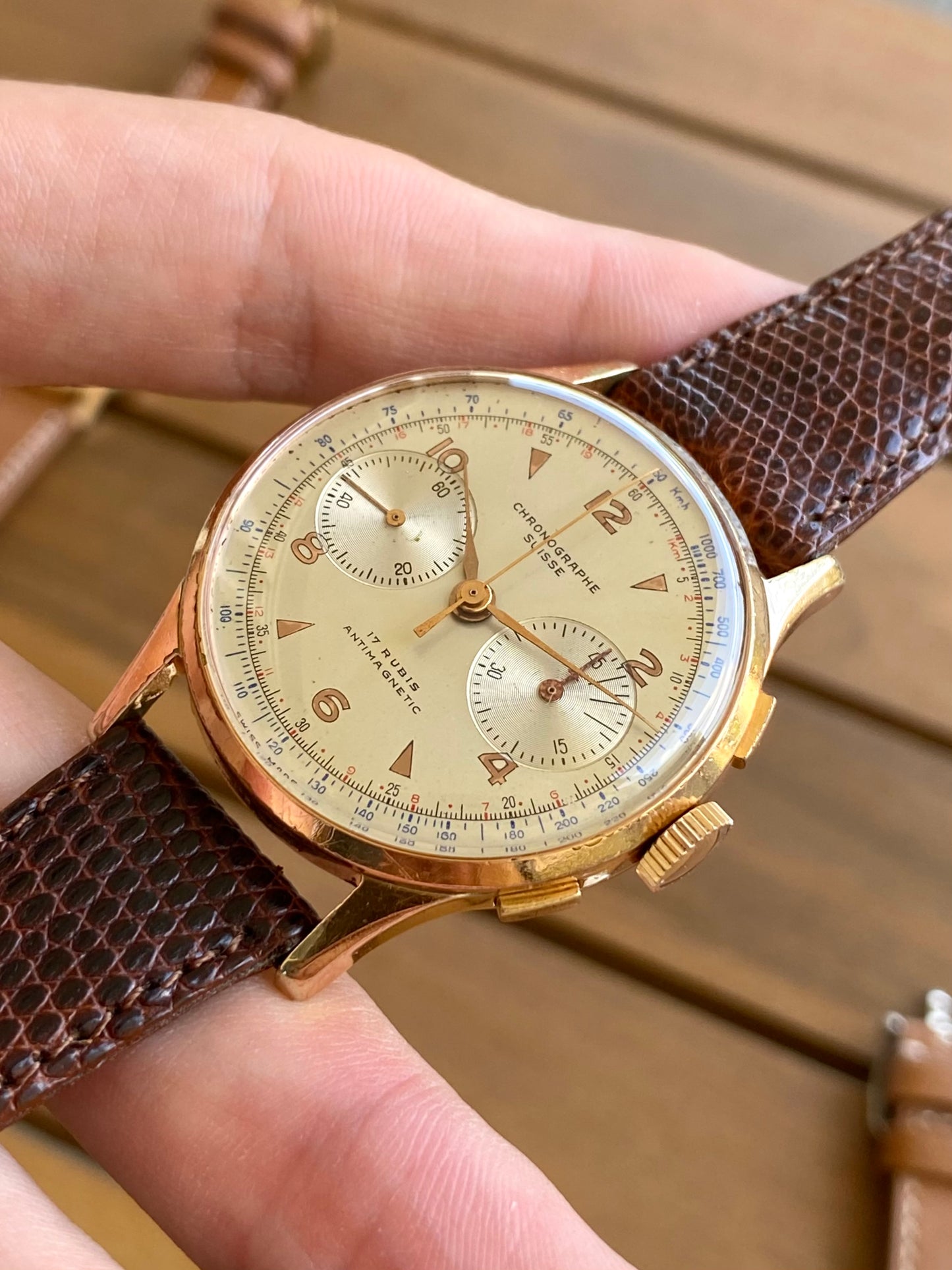 Chronographe Suisse Landeron 51 Plaqué Or Montre Vintage Mécanique Jumbo Size 1950