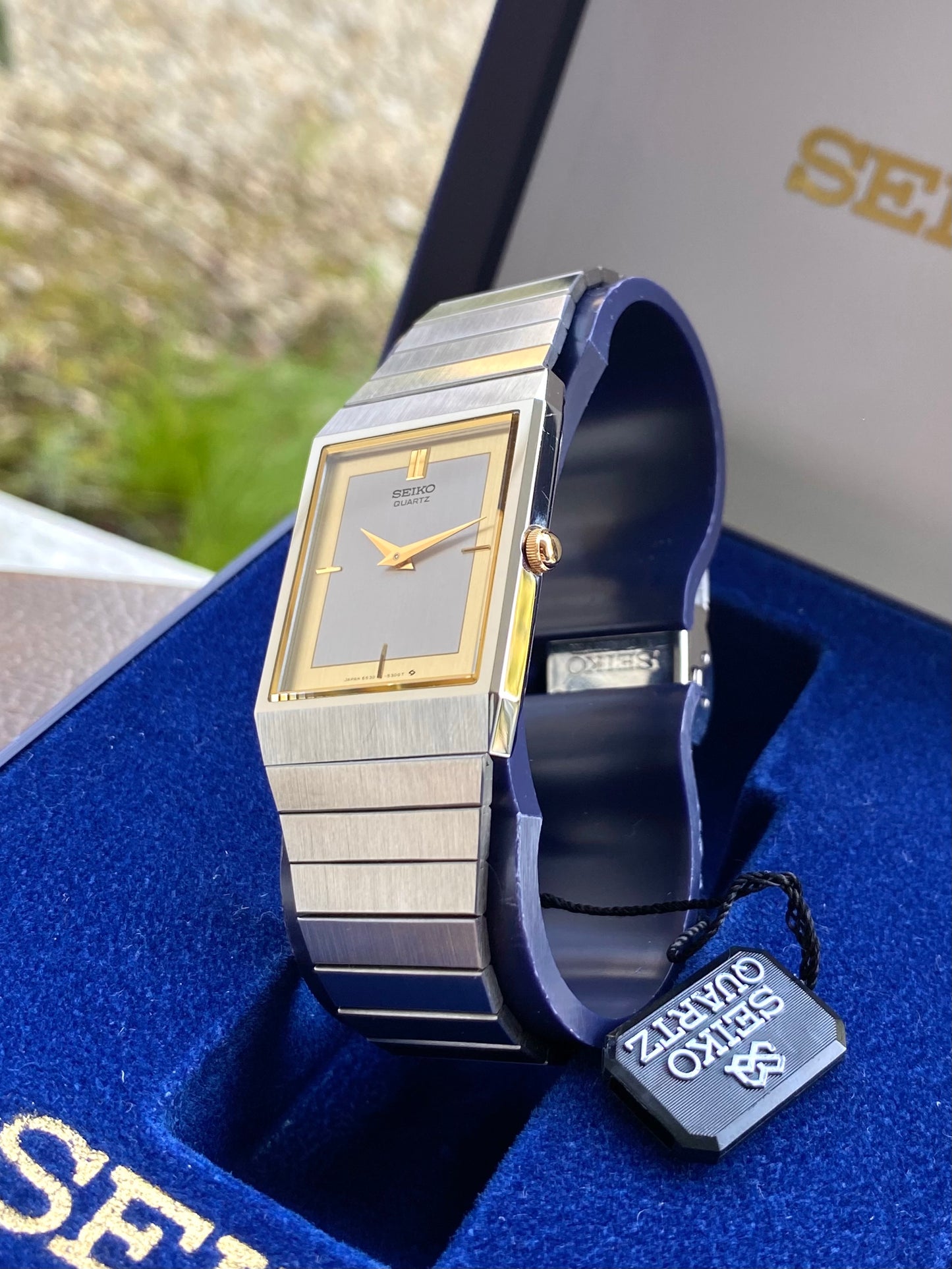 Seiko Quartz Rectangulaire NOS - New Old Stock Neuve - Montre Vintage 6530-6190 Or Acier + Boîte - 1980